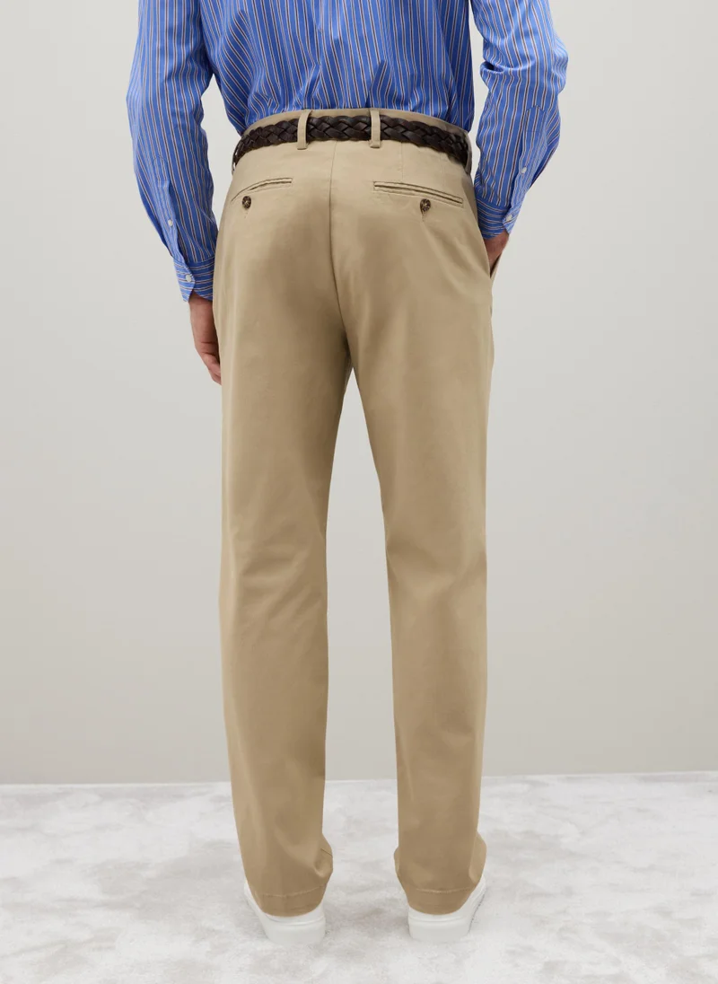 او في اس BEIGE REGULAR FIT STRETCH COTTON TROUSERS