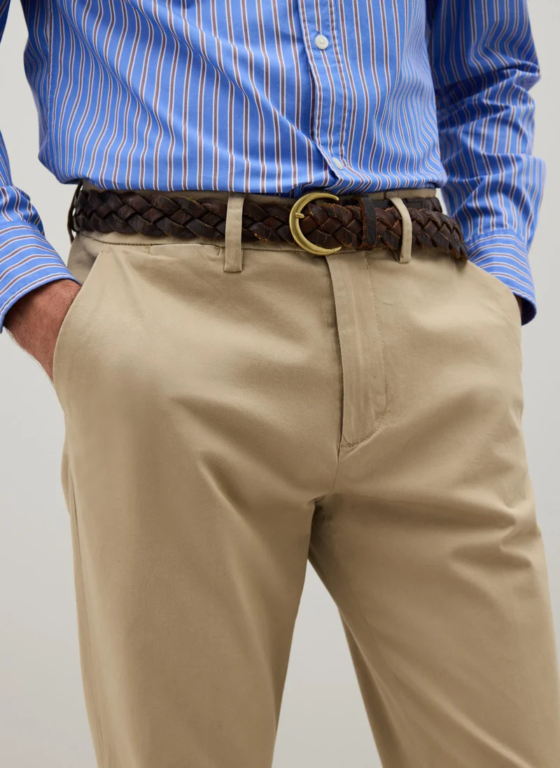 او في اس BEIGE REGULAR FIT STRETCH COTTON TROUSERS