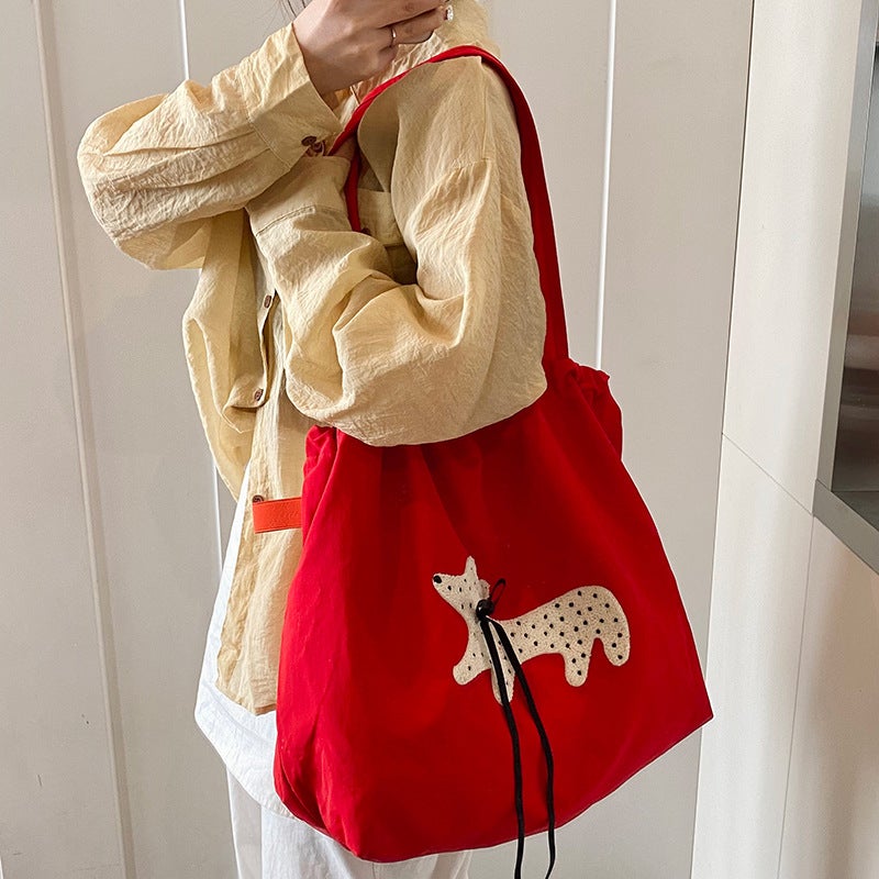 New Style Female Lazy Style Korean Style Puppy Embroidered Nylon Shoulder Bag High-Looking Holiday Drawstring Large Capacity Tote Bag - Image 4