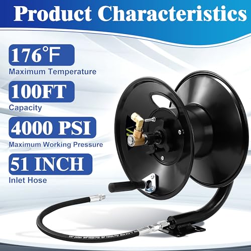 M MINGLE Pressure Washer Hose Reel 100ft, Heavy Duty Steel Hose Reel, Manual Crank Power Washer Hose Reel with Swivel Arm, 3/8" NPT Outlet Pipe, 4000 PSI - Image 2