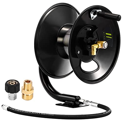 M MINGLE Pressure Washer Hose Reel 100ft, Heavy Duty Steel Hose Reel, Manual Crank Power Washer Hose Reel with Swivel Arm, 3/8" NPT Outlet Pipe, 4000 PSI - Image 1