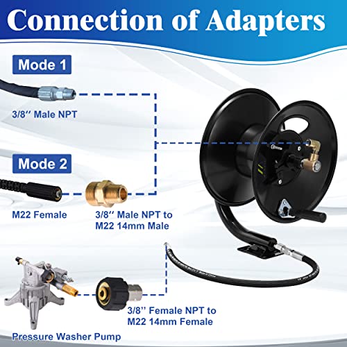 M MINGLE Pressure Washer Hose Reel 100ft, Heavy Duty Steel Hose Reel, Manual Crank Power Washer Hose Reel with Swivel Arm, 3/8" NPT Outlet Pipe, 4000 PSI - Image 4
