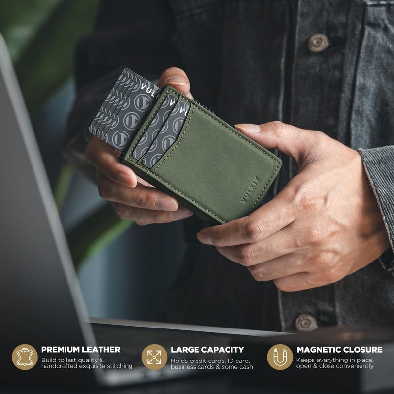 VULKIT Men's Wallet with ID Window Premium Leather Wallets RFID Blocking Minimalist Wallet Pop Up Card Holder Magnetic Closure - Image 5