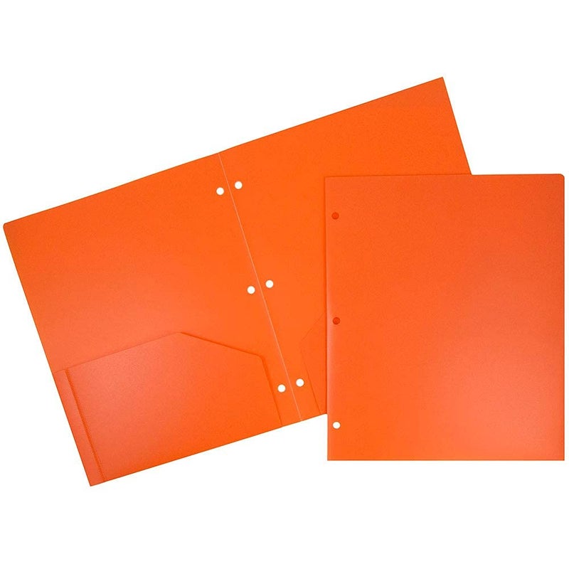 JAM PAPER Heavy Duty Plastic 3 Hole Punch Pocket Folders Extra Tough School Folders Orange 6Pack