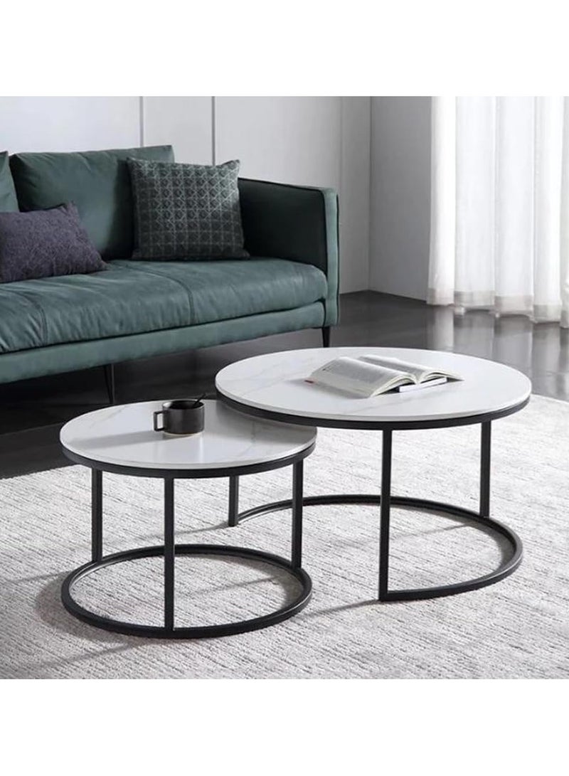 LINGWEI Round Coffee Table Round Nesting Coffee Table with Marble Surface Set of 2pcs One Small and One Big Side Tea Table For Small Space End Table For Home Living room - Image 1