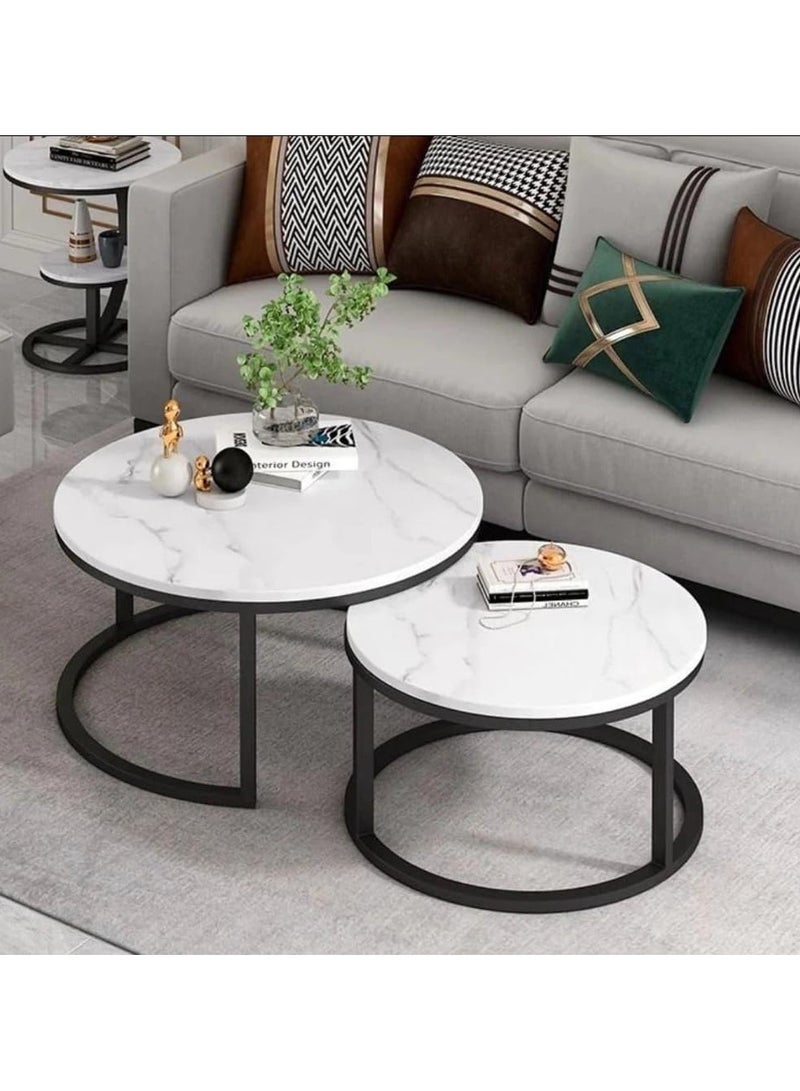 LINGWEI Round Coffee Table Round Nesting Coffee Table with Marble Surface Set of 2pcs One Small and One Big Side Tea Table For Small Space End Table For Home Living room - Image 2