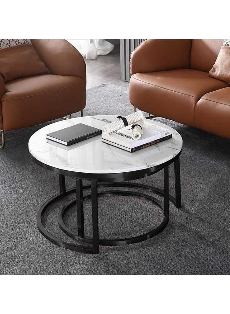 LINGWEI Round Coffee Table Round Nesting Coffee Table with Marble Surface Set of 2pcs One Small and One Big Side Tea Table For Small Space End Table For Home Living room - Image 3
