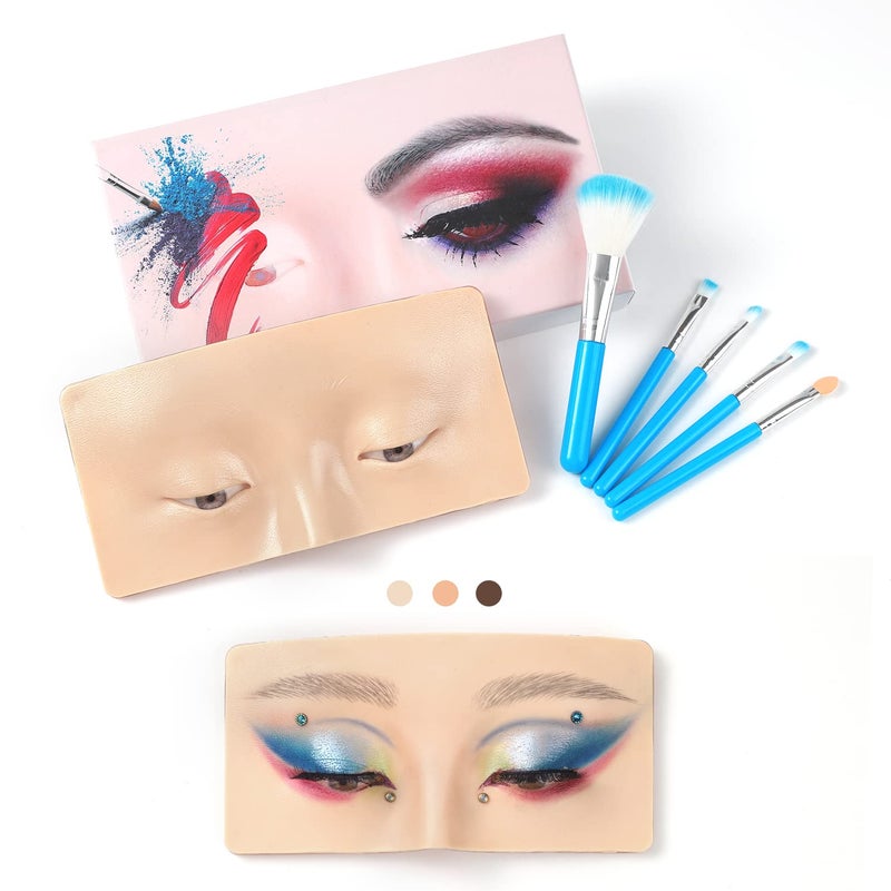 Bueuo Bueuo Silicone Makeup Practice Board, 3D Reusable Mannequin Face with 5-Piece Makeup Brush Set, Ideal for Beginners & Professionals