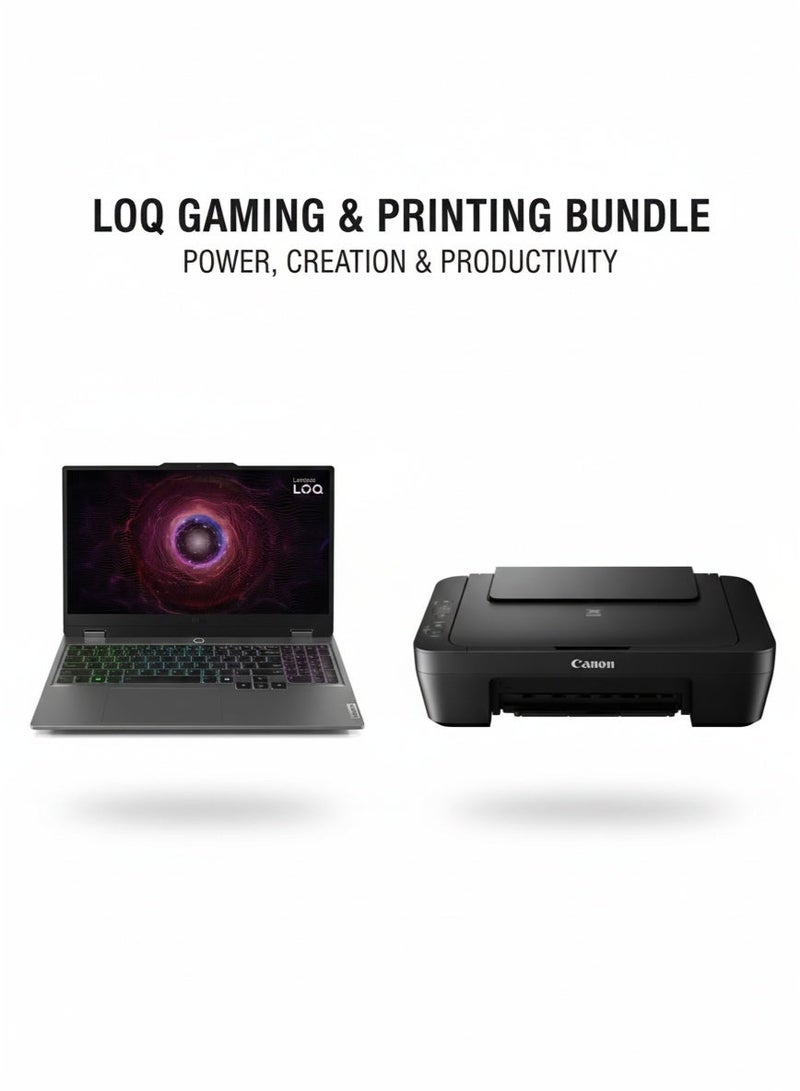 Lenovo LOQ 15ARP9 Laptop, AMD Ryzen 7 7435HS Processor, 15.6 Inch FHD Display, 512 GB SSD, 12 GB RAM DDR5, NVIDIA GeForce RTX 4050 GDDR6 6 GB Graphics, Win11, 83JC00H2ED Luna Grey & PIXMA MG2541S, Compact Home All-In-One Printer, Scanner and Copier GreyBundle - Image 1