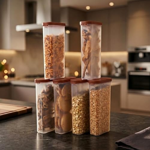Mahaware Modular Mini Oval Plastic Kitchen Storage Container Set of 6 (425ml) – Airtight Box for Spices, Masala & Dal Storage Set for Pantry Organization, Brown - Image 1