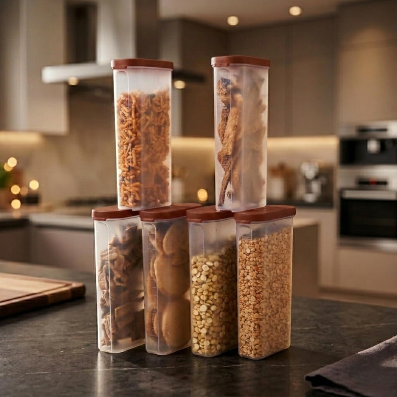 Mahaware Modular Mini Oval Plastic Kitchen Storage Container Set of 6 (425ml) – Airtight Box for Spices, Masala & Dal Storage Set for Pantry Organization, Brown - Image 5