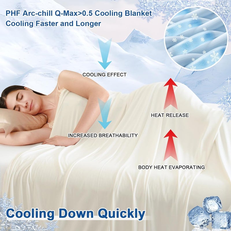 PHF Reversible Double Cooling Blanket Queen Size, Ultra Soft Arc-Chill Q-Max>0.5 Thin Summer Single Layer for Hot Sleepers,Breathable Lightweight Portable Silky for Home Office Travel Car, Cream White - Image 2