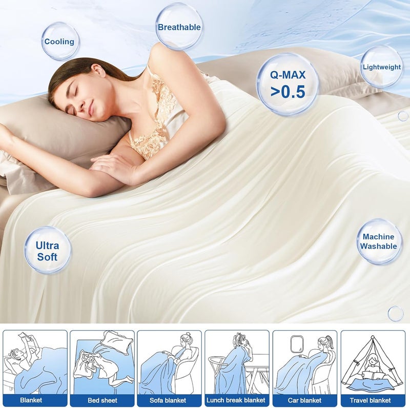 PHF Reversible Double Cooling Blanket Queen Size, Ultra Soft Arc-Chill Q-Max>0.5 Thin Summer Single Layer for Hot Sleepers,Breathable Lightweight Portable Silky for Home Office Travel Car, Cream White - Image 3