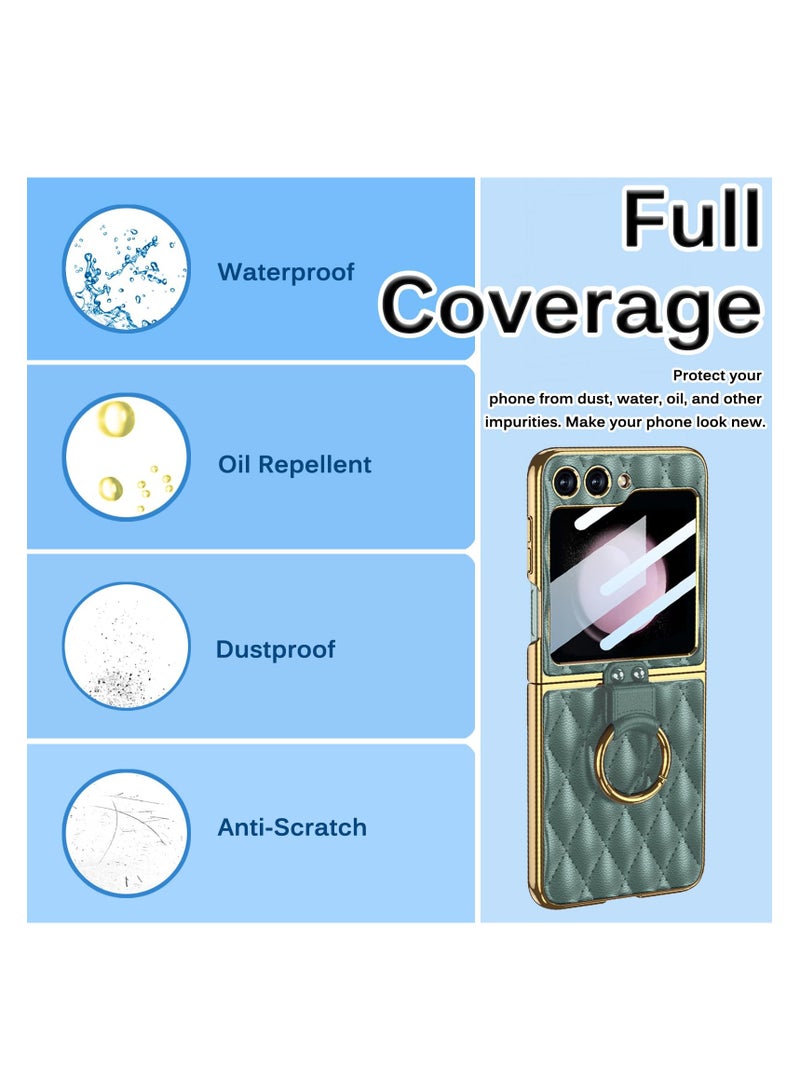 KASTWAVE Leather Phone Case with Metal Ring Holder Stand Compatible with Galaxy Z Flip 5, Fashion Rhombic Mobile Phone Protector Cover with Golden Frame for Samsung Flip5 - Image 2