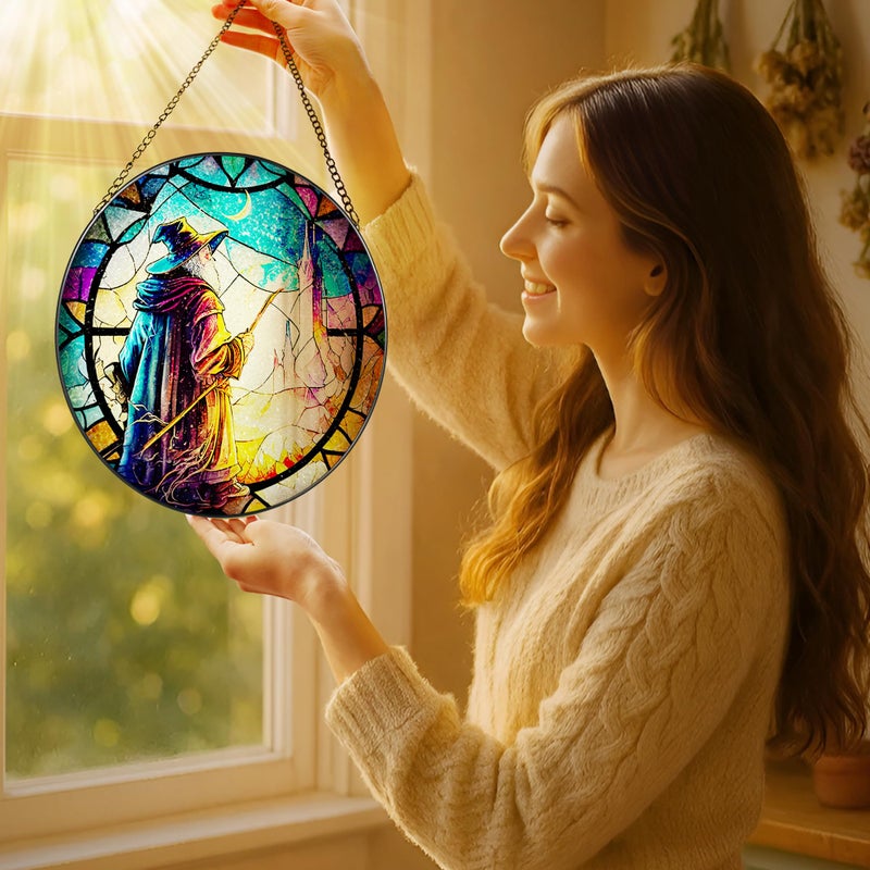 LAOWEIKI Stained Glass Window Hanging, LAOWEIKI 8'' Witch Suncatcher, Stained Glass Ornament, Suncatchers for Windows Hanging, Window Decor, Outdoor or Indoor, Gifts for Friends - Image 2