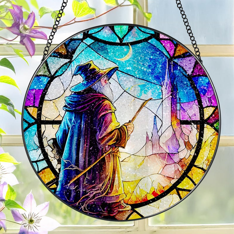 LAOWEIKI Stained Glass Window Hanging, LAOWEIKI 8'' Witch Suncatcher, Stained Glass Ornament, Suncatchers for Windows Hanging, Window Decor, Outdoor or Indoor, Gifts for Friends - Image 1