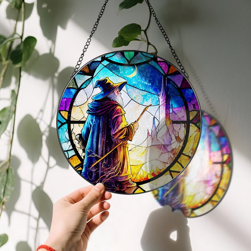 LAOWEIKI Stained Glass Window Hanging, LAOWEIKI 8'' Witch Suncatcher, Stained Glass Ornament, Suncatchers for Windows Hanging, Window Decor, Outdoor or Indoor, Gifts for Friends - Image 3
