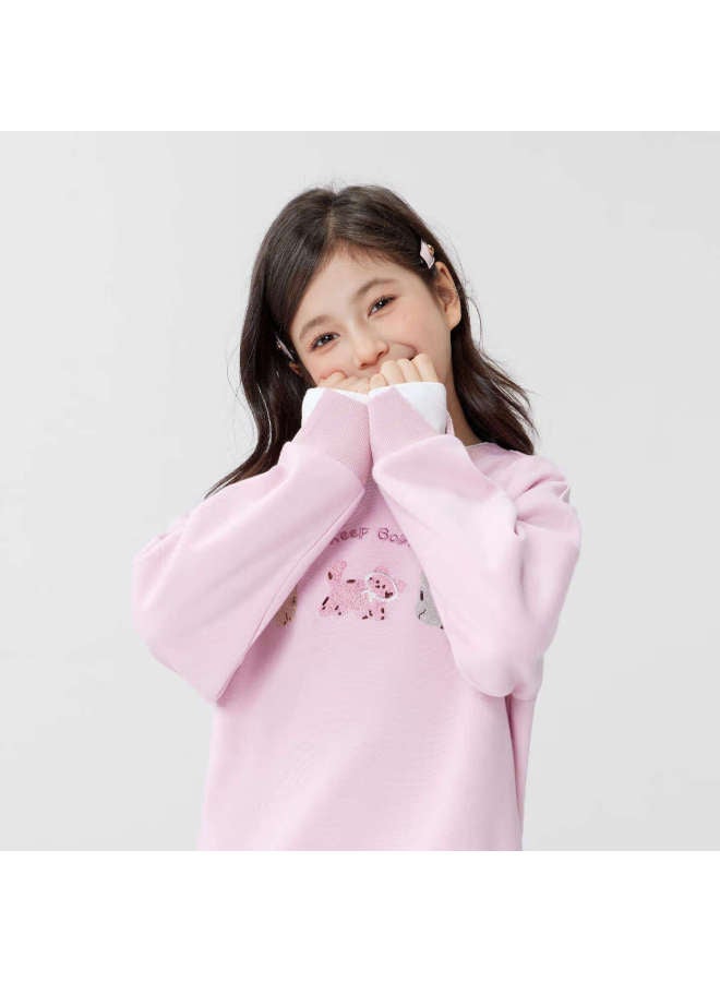 Zuo Xi Girls' Sweatshirt  Spring New Children's Faux Two-piece Cat Towel Embroidery Crew Neck Top Pink 160 - Image 3