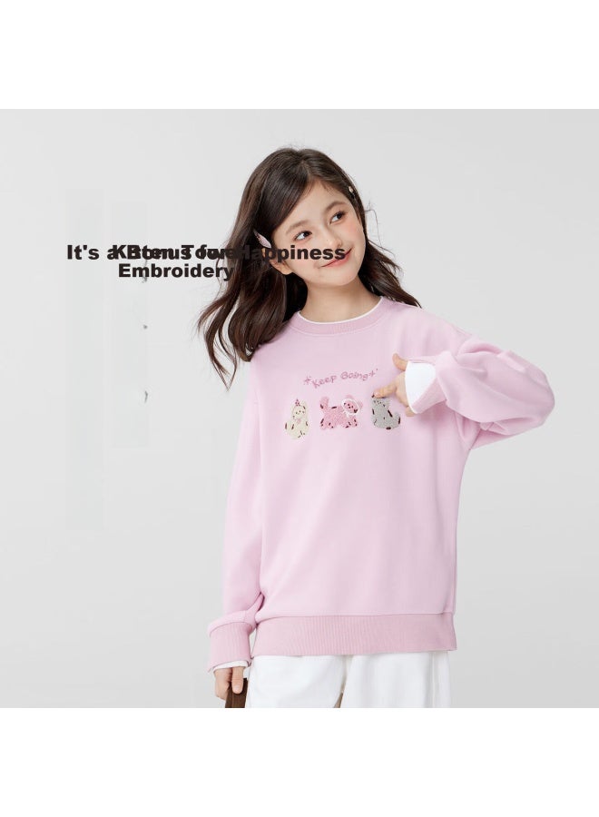 Zuo Xi Girls' Sweatshirt  Spring New Children's Faux Two-piece Cat Towel Embroidery Crew Neck Top Pink 160 - Image 2