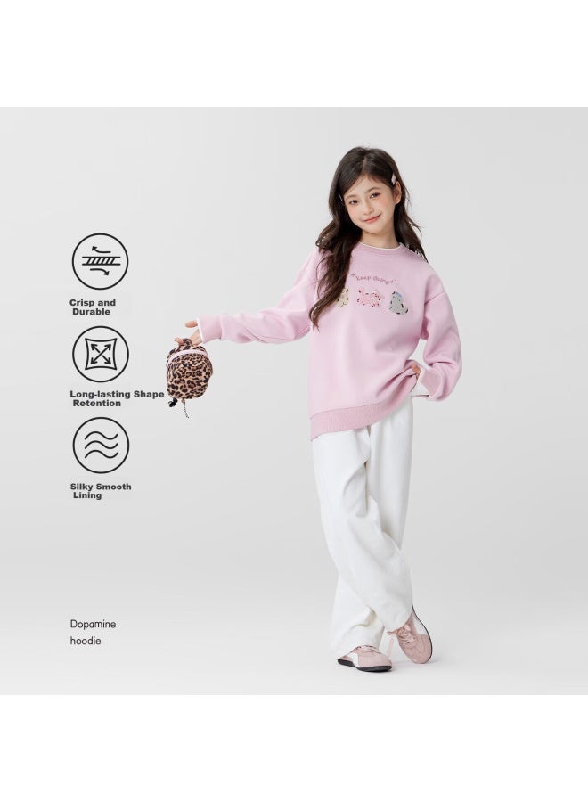 Zuo Xi Girls' Sweatshirt  Spring New Children's Faux Two-piece Cat Towel Embroidery Crew Neck Top Pink 160 - Image 1