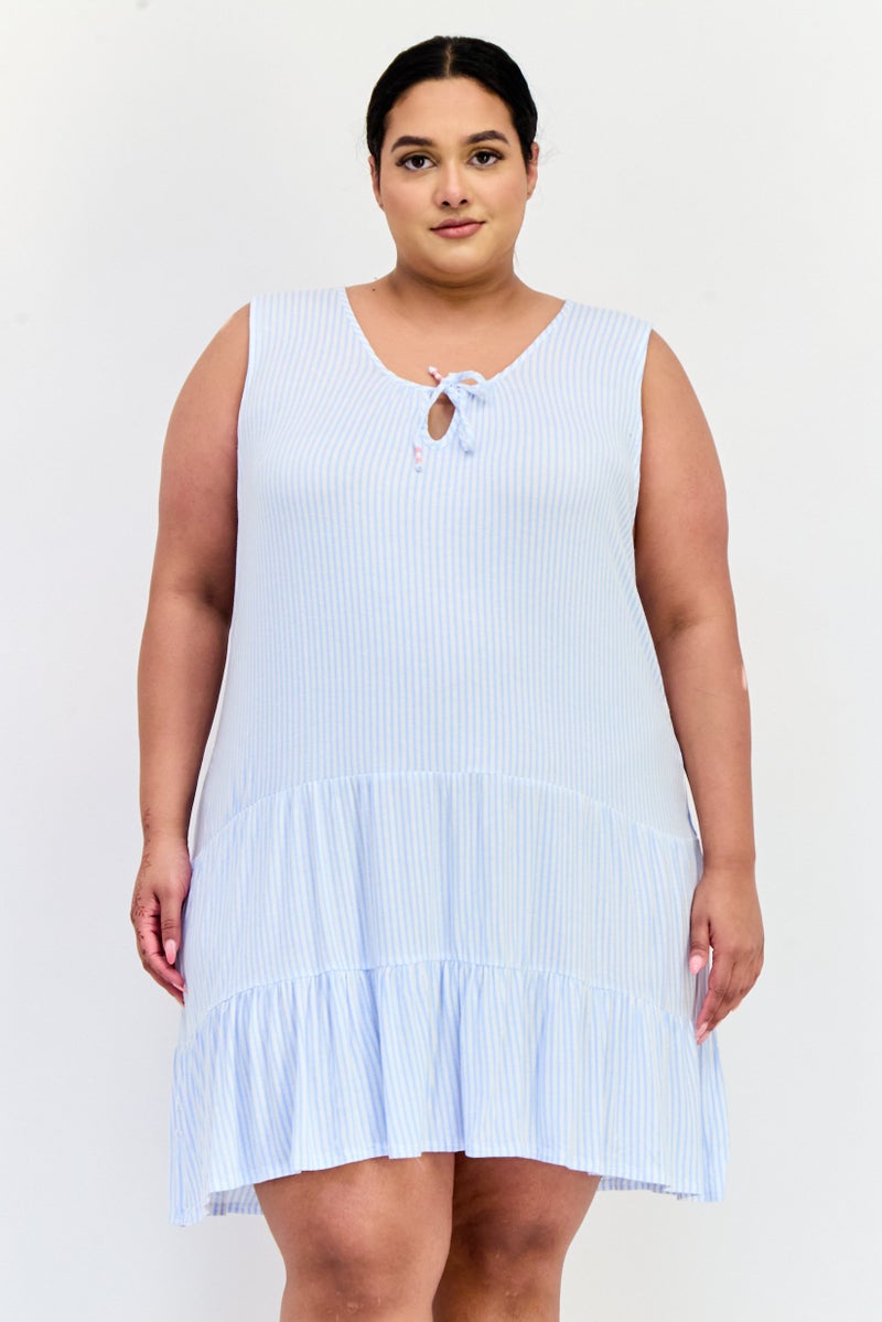 ELLEN TRACY Women Plus Size Stripe Mini Dress, Light Blue - Image 1