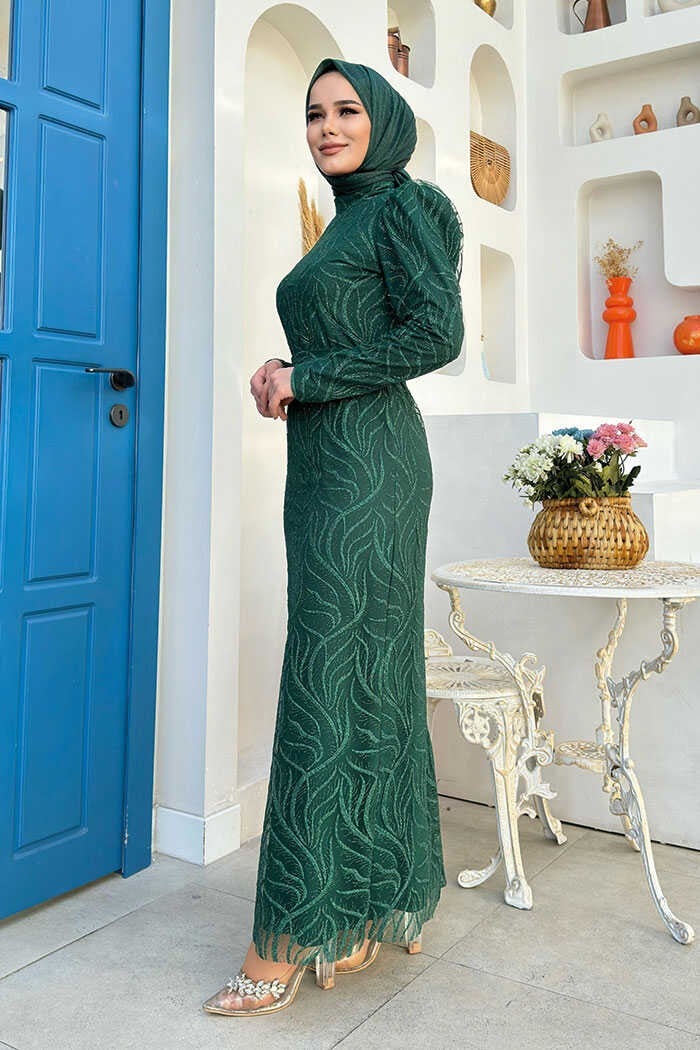 Branch Patterned Glitter Tulle Plus Size Evening Dress 1140-1 Emerald