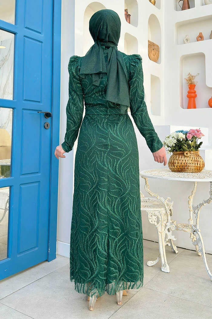 Branch Patterned Glitter Tulle Plus Size Evening Dress 1140-1 Emerald