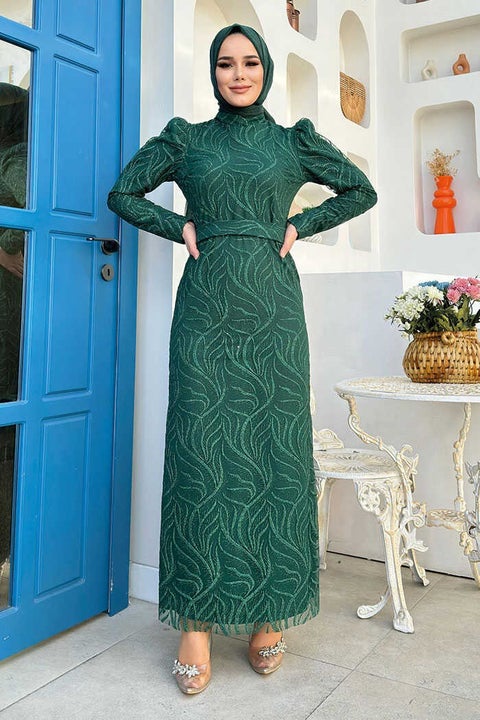 Branch Patterned Glitter Tulle Plus Size Evening Dress 1140-1 Emerald