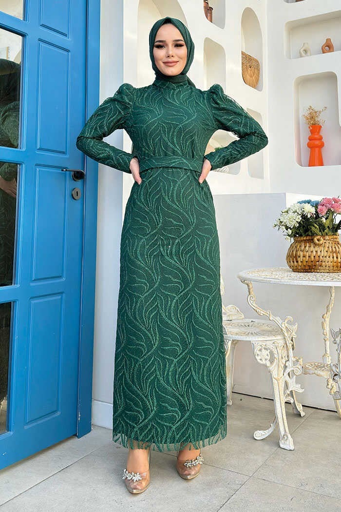 Branch Patterned Glitter Tulle Plus Size Evening Dress 1140-1 Emerald