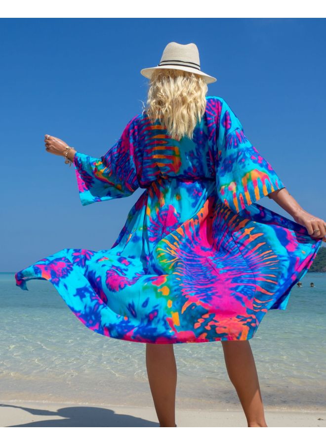 European And American Rayon Printed Beach Blouse Bikini Sun Protection Shirt Seaside Vacation Sun Protection Cardigan Swimsuit Outer Wear 22 Colors-Color:Blue Smudges-  - Image 1