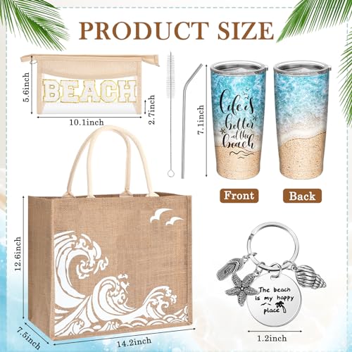 Yiyiring 6 Pcs Beach Gifts for Women Set Beach Theme Gift Set Burlap Tote Bags Cosmetic Bag 20 oz Tumbler Keychain for Birthday Holiday Travel Wedding Bridal Shower Bride Bridesmaid HoneymoonClassic - Image 3