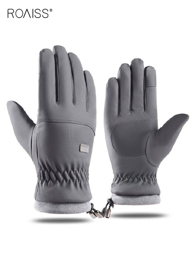 رويس قفازات شتوية للرجال مقاومة للرياح والماء، قفازات سميكة ودافئة من القطيفة، قفازات رياضية لركوب الدراجات النارية والشاشة التي تعمل باللمس، قفازات دافئة قابلة للتعديل برباط مطاطي، قفازات أصابع رمادية - Image 1