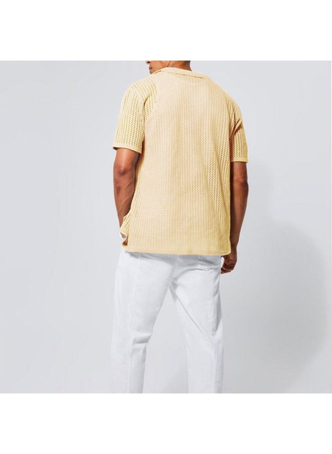 NIBEMINENT Men's Knitted Short Sleeve Shirt Summer Cool Hollow Out Cardigan Casual Lapel Tops Solid All-match Knit T-shirt Male - Image 2