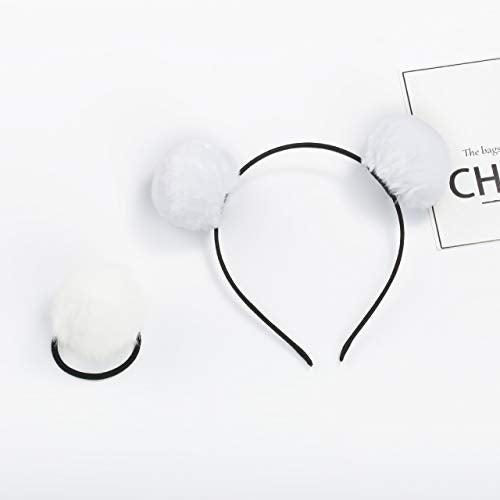 lasenersm 4 Pieces (2 Pairs) Fluffy Furry Pom-Ball Headband and Elastic Hair Ties Fuzzy Faux Fur Animal Ears Double Pom-Headband Pom-Ball Hair Band for Girls and Women - Image 3