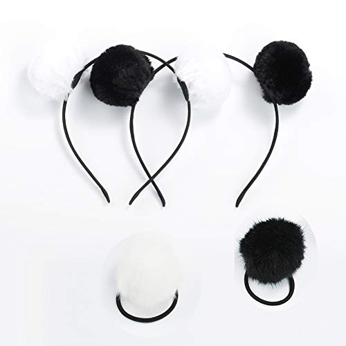 lasenersm 4 Pieces (2 Pairs) Fluffy Furry Pom-Ball Headband and Elastic Hair Ties Fuzzy Faux Fur Animal Ears Double Pom-Headband Pom-Ball Hair Band for Girls and Women - Image 1