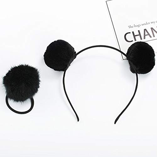 lasenersm 4 Pieces (2 Pairs) Fluffy Furry Pom-Ball Headband and Elastic Hair Ties Fuzzy Faux Fur Animal Ears Double Pom-Headband Pom-Ball Hair Band for Girls and Women - Image 2