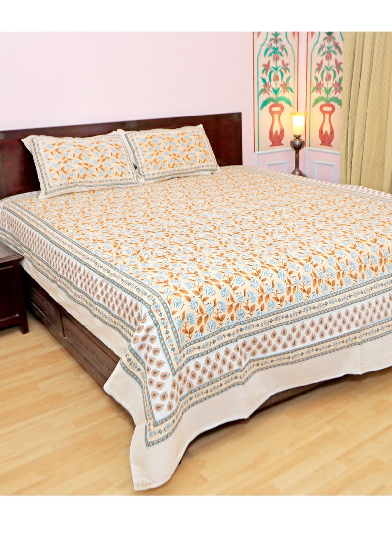PAHI PAHI Pure Cotton Hand Block Bedsheet, King size, FLORAL BEDSHEET, 228/278 CMS, HAND BLOCK PRINTED, JAIPURI  - Image 1