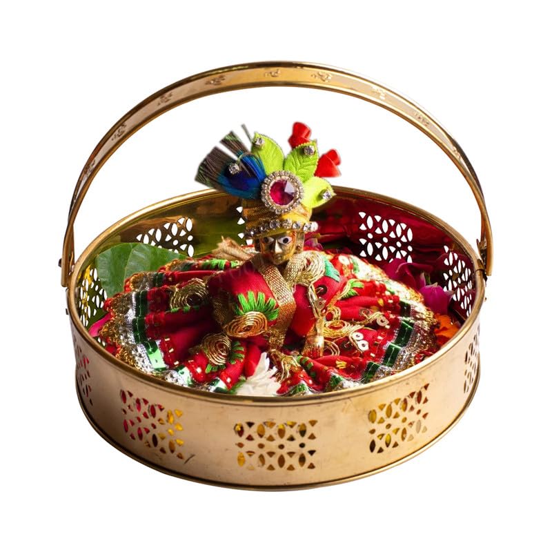 TORPPEZA Brass Golden Color Flower Basket Pooja Basket with Handle Dolchi Basket for Puja Brass Traditional Round Shape Pooja BasketPooja Dalia 8 Inch - Image 4