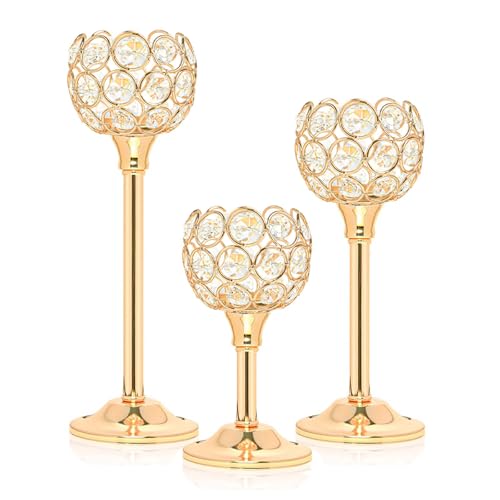 Kehail Crystal Metal Tealight Candlestick Bling Bowl Candelabras Tall Crystal Votive Candle Holders Elegant Crystal Candle Centerpiece for Dining Table Wedding Decor Set of 3 Gold - Image 1