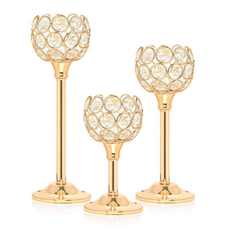 Kehail Crystal Metal Tealight Candlestick Bling Bowl Candelabras Tall Crystal Votive Candle Holders Elegant Crystal Candle Centerpiece for Dining Table Wedding Decor Set of 3 Gold - Image 2