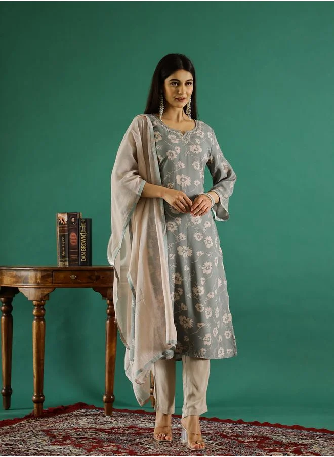 sanskrutihomes Sanskrutihomes Floral Printed V-Neck Pure Cotton Kurta and Pants Set