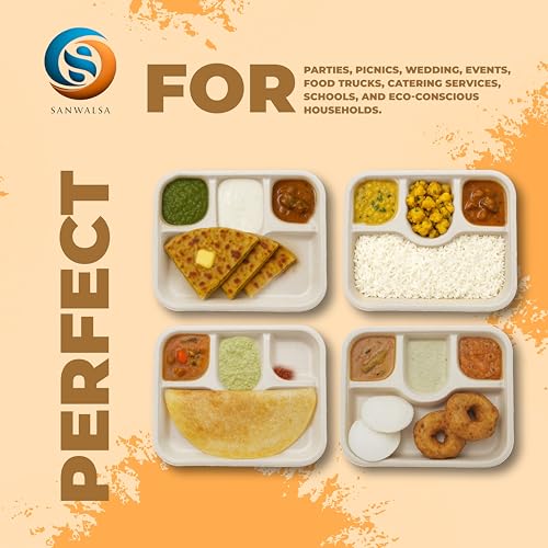 SANWALSA [4-Compartment, 10 Count, Beige Disposable Bagasse Plates | Eco-Friendly Sugarcane Meal Tray for Wedding, Party, Picnic, Event | Mess-Free Sections - Image 3