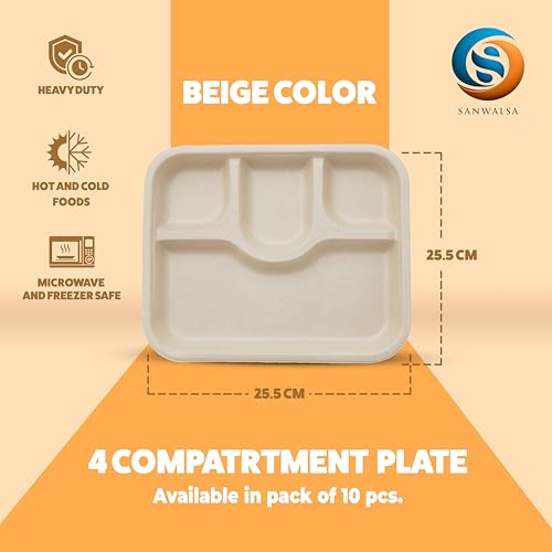 SANWALSA [4-Compartment, 10 Count, Beige Disposable Bagasse Plates | Eco-Friendly Sugarcane Meal Tray for Wedding, Party, Picnic, Event | Mess-Free Sections - Image 2