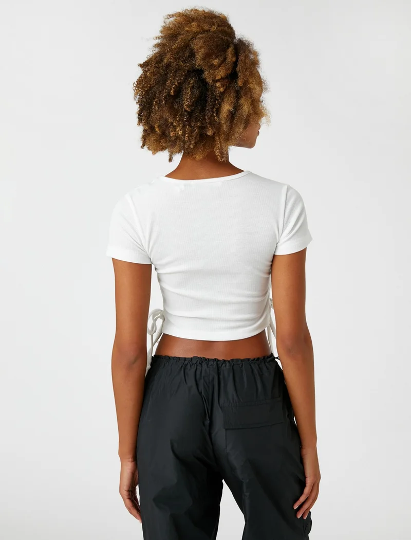 كوتون Crop T-Shirt Far East Printed Short Sleeve Tie Detail
