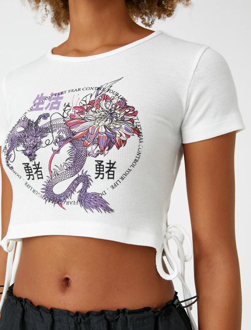 كوتون Crop T-Shirt Far East Printed Short Sleeve Tie Detail