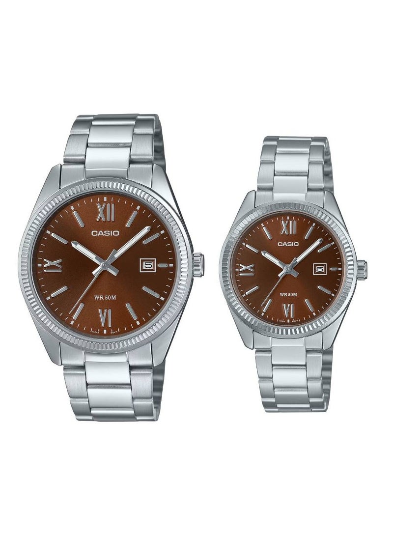 CASIO Analog Quartz Brown Dial Stainless Steel Couple Watch MTP/LTP-1302DD-5AVDF - Image 1