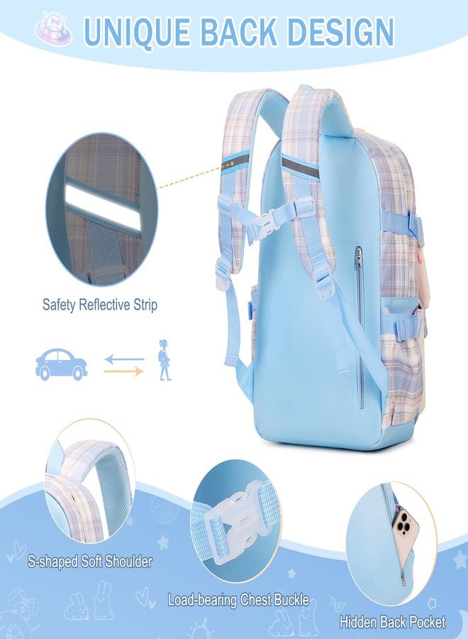 FIXITOK Girls Backpack Set, Kids Backpack for Girls, Kawaii Bunny School Bag for Girl Kindergarten Elementary Preschool, Plaid Blue, Daypack Backpacks - Image 4