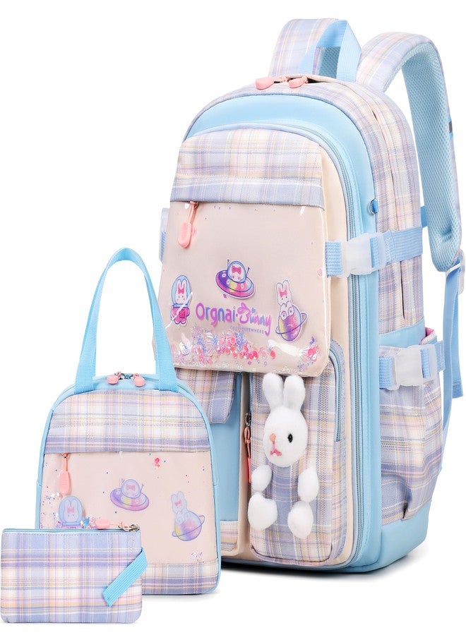 FIXITOK Girls Backpack Set, Kids Backpack for Girls, Kawaii Bunny School Bag for Girl Kindergarten Elementary Preschool, Plaid Blue, Daypack Backpacks - Image 1
