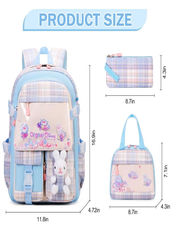 FIXITOK Girls Backpack Set, Kids Backpack for Girls, Kawaii Bunny School Bag for Girl Kindergarten Elementary Preschool, Plaid Blue, Daypack Backpacks - Image 2