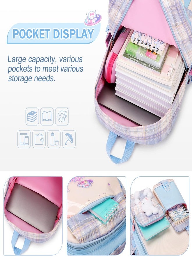 FIXITOK Girls Backpack Set, Kids Backpack for Girls, Kawaii Bunny School Bag for Girl Kindergarten Elementary Preschool, Plaid Blue, Daypack Backpacks - Image 3